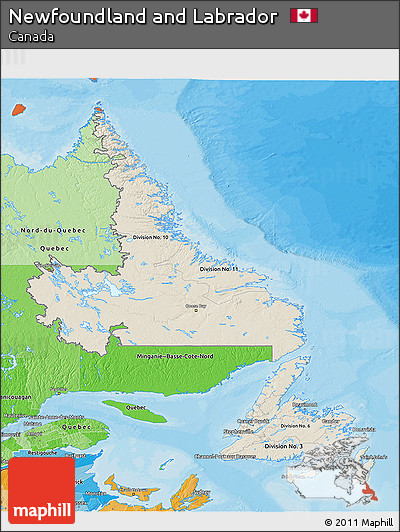 Shaded Relief 3D Map of Newfoundland and Labrador, political shades outside