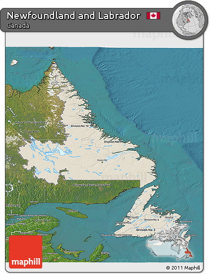 Shaded Relief 3D Map of Newfoundland and Labrador, satellite outside