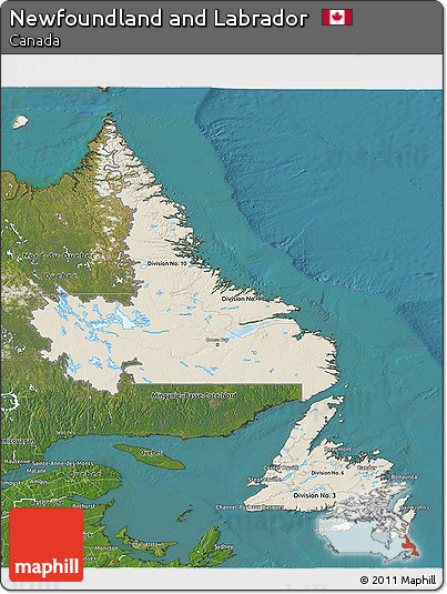 Shaded Relief 3D Map of Newfoundland and Labrador, satellite outside