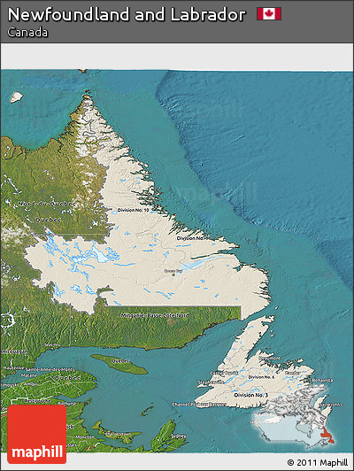 Shaded Relief 3D Map of Newfoundland and Labrador, satellite outside