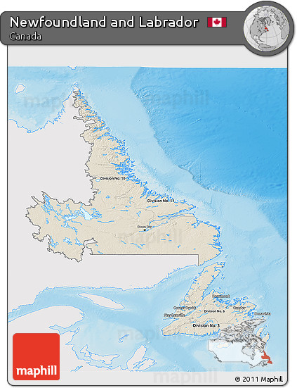 Shaded Relief 3D Map of Newfoundland and Labrador, single color outside