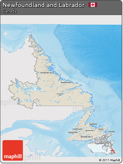 Shaded Relief 3D Map of Newfoundland and Labrador, single color outside