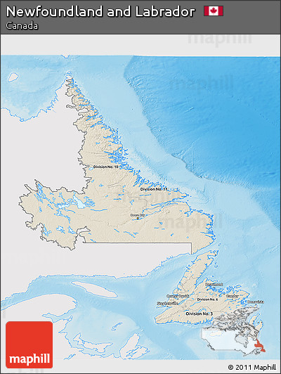 Shaded Relief 3D Map of Newfoundland and Labrador, single color outside