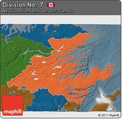 Political 3D Map of Division No.  7, darken