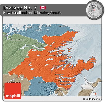 Political 3D Map of Division No.  7, semi-desaturated