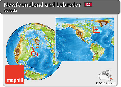Physical Location Map of Newfoundland and Labrador, within the entire country