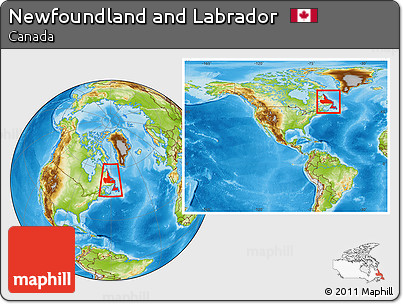 Physical Location Map of Newfoundland and Labrador, within the entire country