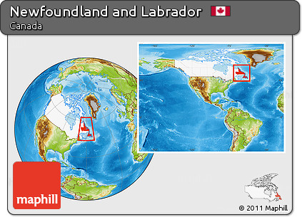 Physical Location Map of Newfoundland and Labrador, highlighted country, within the entire country