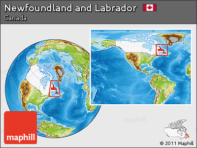 Physical Location Map of Newfoundland and Labrador, highlighted country, within the entire country