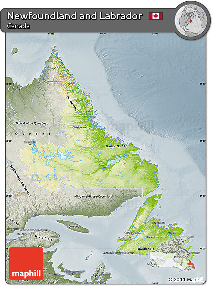 Physical Map of Newfoundland and Labrador, semi-desaturated