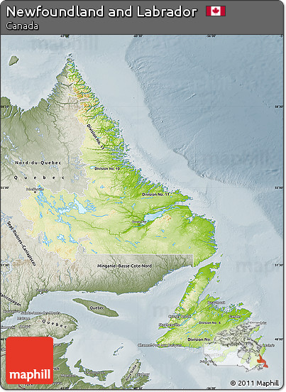 Physical Map of Newfoundland and Labrador, semi-desaturated