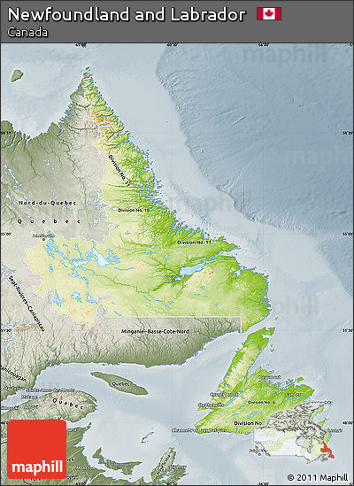 Physical Map of Newfoundland and Labrador, semi-desaturated