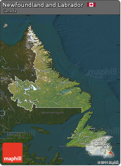 Satellite Map of Newfoundland and Labrador, darken