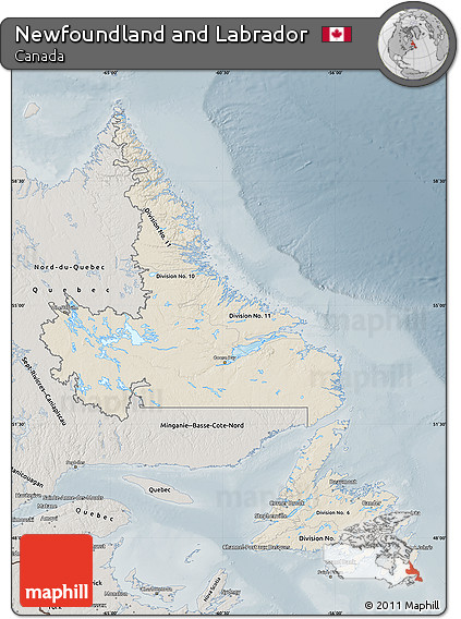 Shaded Relief Map of Newfoundland and Labrador, semi-desaturated