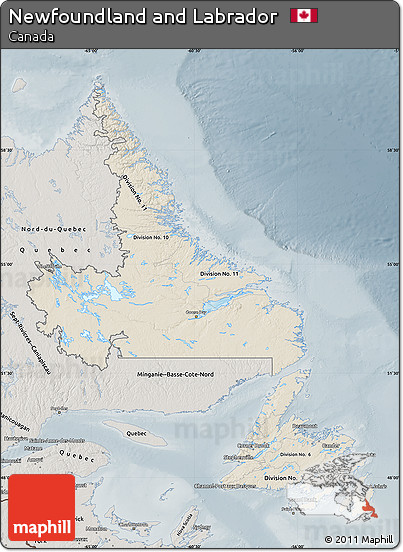 Shaded Relief Map of Newfoundland and Labrador, semi-desaturated
