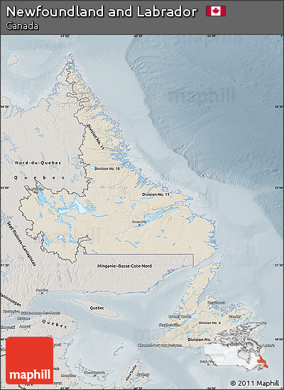 Shaded Relief Map of Newfoundland and Labrador, semi-desaturated