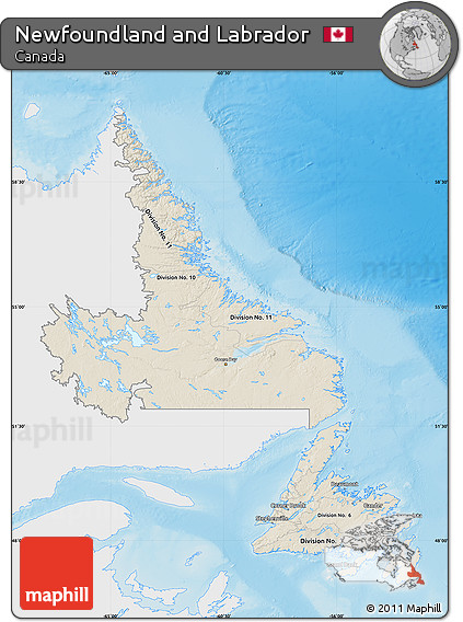 Shaded Relief Map of Newfoundland and Labrador, single color outside
