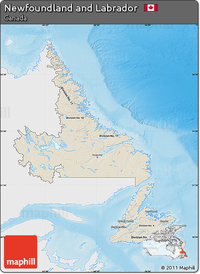 Shaded Relief Map of Newfoundland and Labrador, single color outside