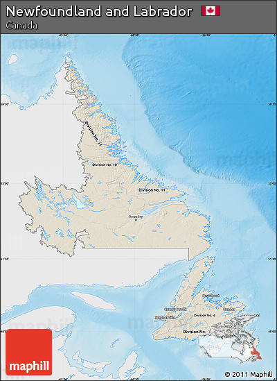 Shaded Relief Map of Newfoundland and Labrador, single color outside