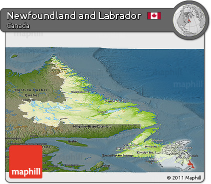 Physical Panoramic Map of Newfoundland and Labrador, darken