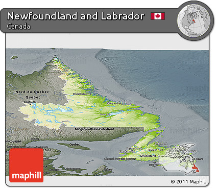 Physical Panoramic Map of Newfoundland and Labrador, darken, semi-desaturated