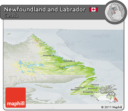 Physical Panoramic Map of Newfoundland and Labrador, lighten, semi-desaturated