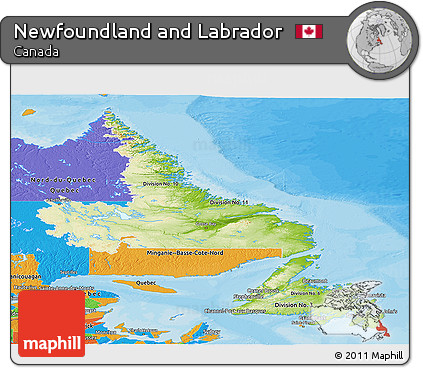 Physical Panoramic Map of Newfoundland and Labrador, political outside