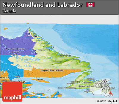 Physical Panoramic Map of Newfoundland and Labrador, political outside