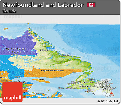 Physical Panoramic Map of Newfoundland and Labrador, political outside