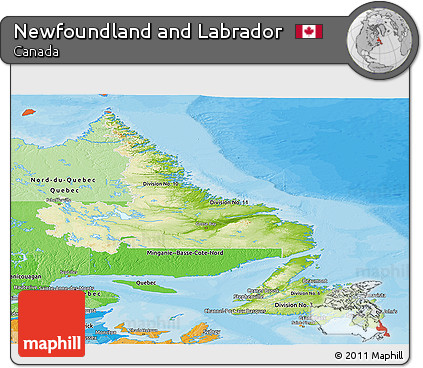 Physical Panoramic Map of Newfoundland and Labrador, political shades outside