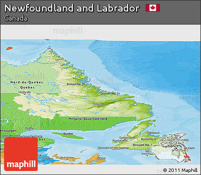 Physical Panoramic Map of Newfoundland and Labrador, political shades outside