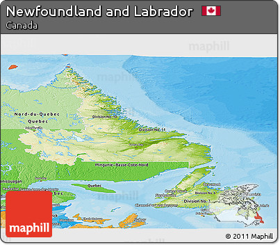 Physical Panoramic Map of Newfoundland and Labrador, political shades outside