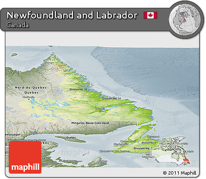 Physical Panoramic Map of Newfoundland and Labrador, semi-desaturated