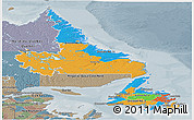 Political Panoramic Map of Newfoundland and Labrador, semi-desaturated