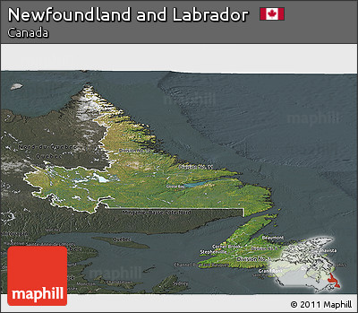 Satellite Panoramic Map of Newfoundland and Labrador, darken, semi-desaturated