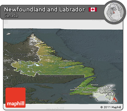 Satellite Panoramic Map of Newfoundland and Labrador, darken, semi-desaturated