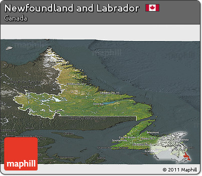 Satellite Panoramic Map of Newfoundland and Labrador, darken, semi-desaturated