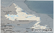 Shaded Relief Panoramic Map of Newfoundland and Labrador, darken, semi-desaturated