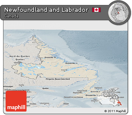 Shaded Relief Panoramic Map of Newfoundland and Labrador, semi-desaturated