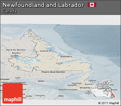 Shaded Relief Panoramic Map of Newfoundland and Labrador, semi-desaturated