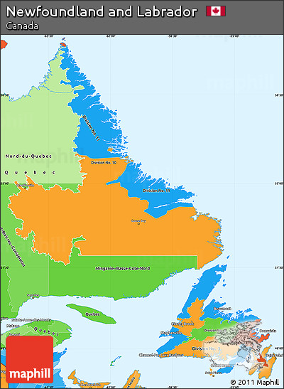 Political Simple Map of Newfoundland and Labrador, political shades outside