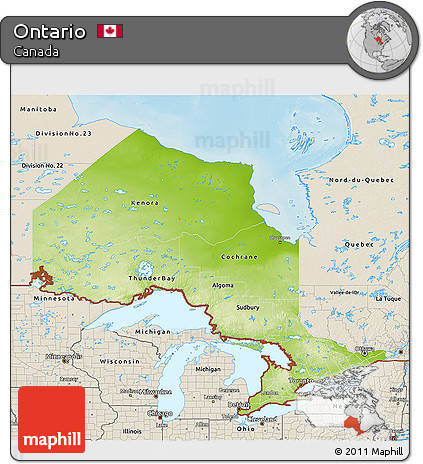 Physical 3D Map of Ontario, shaded relief outside