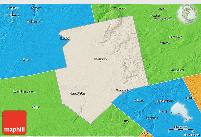 Shaded Relief 3D Map of Dufferin, political outside