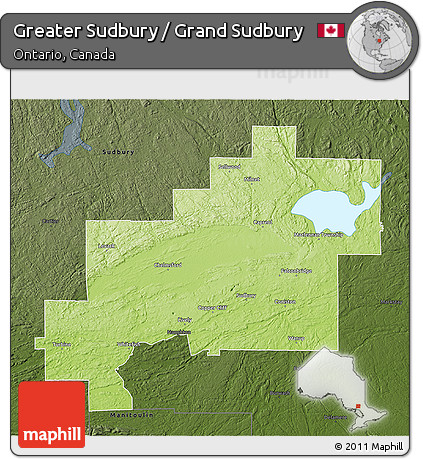 Physical 3D Map of Greater Sudbury / Grand Sudbury, darken