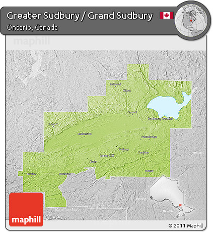 Physical 3D Map of Greater Sudbury / Grand Sudbury, lighten, desaturated