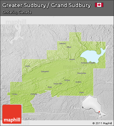 Physical 3D Map of Greater Sudbury / Grand Sudbury, lighten, desaturated