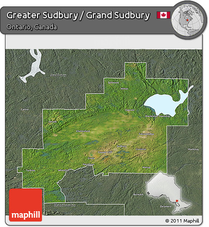 Satellite 3D Map of Greater Sudbury / Grand Sudbury, semi-desaturated