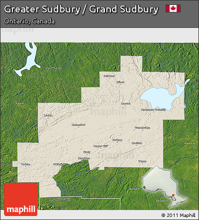 Shaded Relief 3D Map of Greater Sudbury / Grand Sudbury, satellite outside