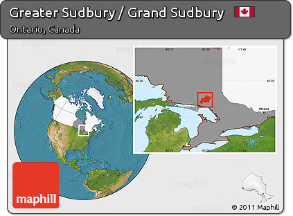 Satellite Location Map of Greater Sudbury / Grand Sudbury, highlighted country, highlighted parent region