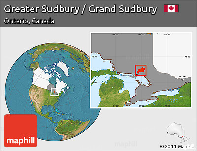 Satellite Location Map of Greater Sudbury / Grand Sudbury, highlighted country, highlighted parent region